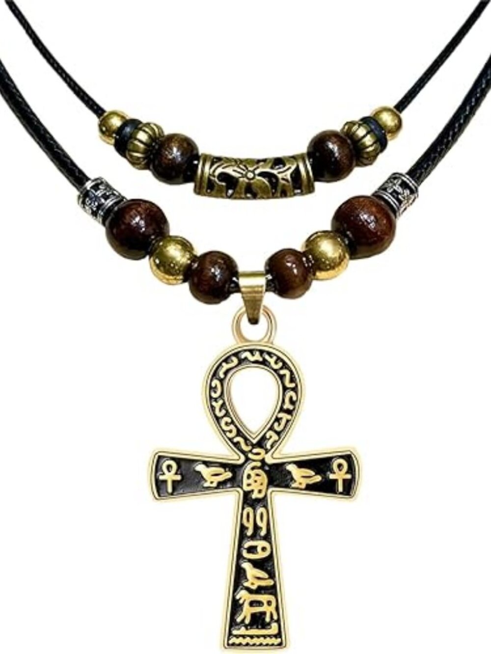 Double Layer Ankh Cross Necklace Stainless Steel Egyptian Hieroglyphic Pendant